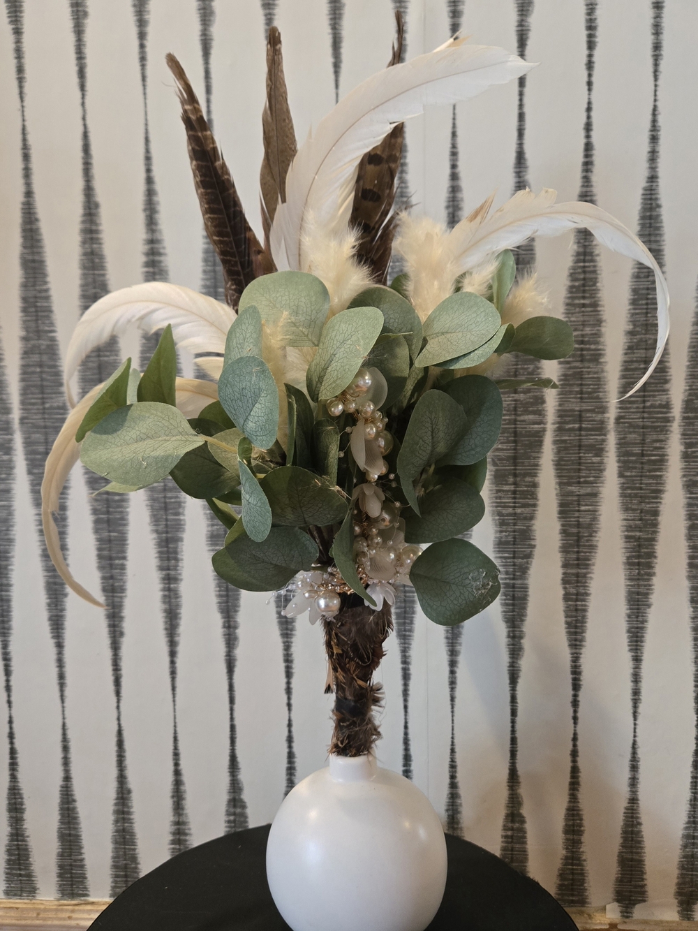 Boho Feather & Eucalyptus Floral Arrangement – Sage Green, Ivory, Brown & Pearl